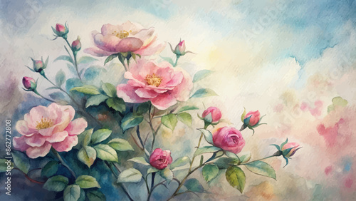 Tranquil wild rose bush watercolor background