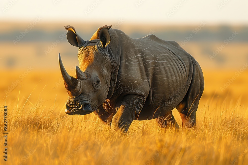 Obraz premium A Northern white rhinoceros grazing in a grassy savannah, its massive, grey body and prominent horn highlighted against the golden landscape.