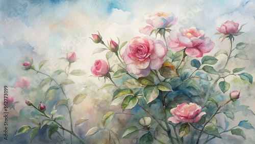 Tranquil wild rose bush watercolor background