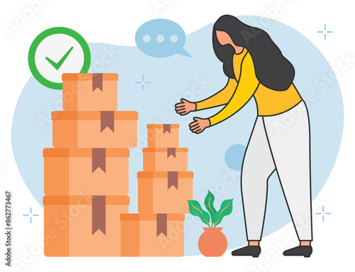 Woman checking delivery boxes illustrations