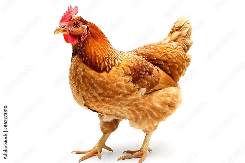 Fototapeta premium A chicken with a red comb stands on a white background
