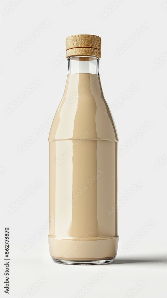 A glass bottle of milk is shown on a white background A glass bottle of milk is shown on a white background