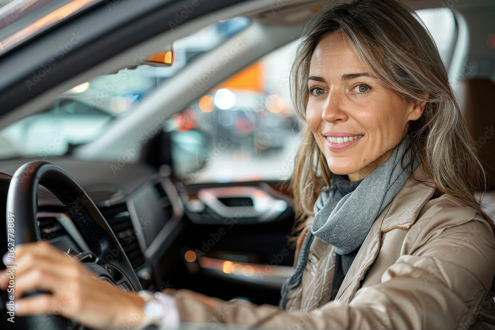 A smiling woman sitting in the driver's seat of a car in a showroom, holding the steering wheel, signifying excitement and the joy of buying a new vehicle. A smiling woman sitting in the driver's seat of a car in a showroom, holding the steering wheel, signifying excitement and the joy of buying a new vehicle.