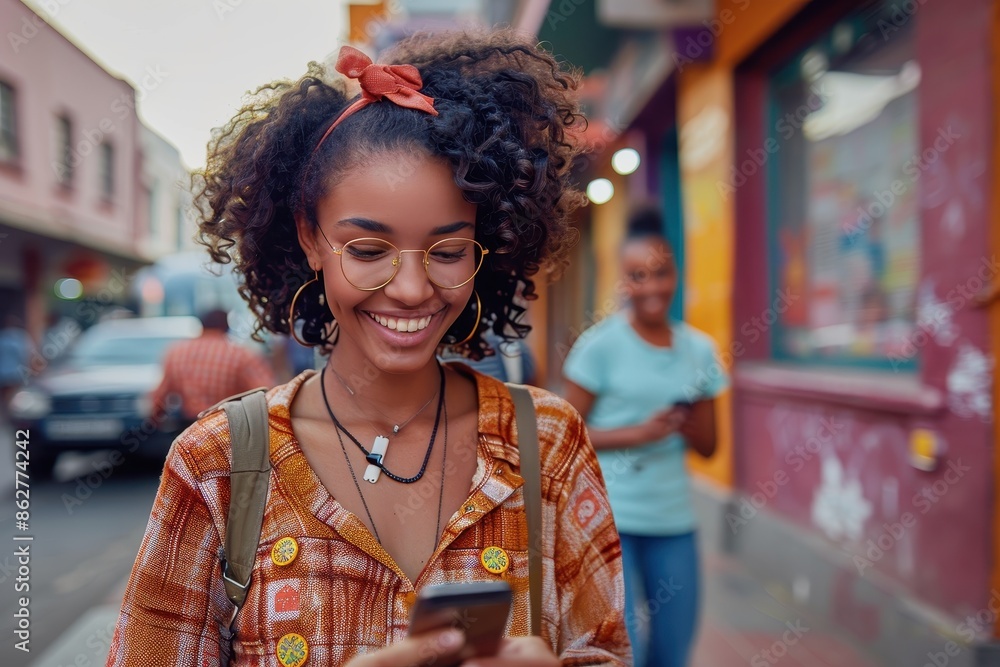 A young woman is joyfully engaged with her smartphone while standing on a bustling city street, highlighting connectivity and the prevalent presence of technology in urban life.