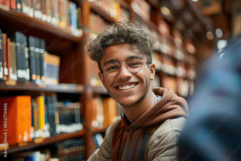 A young man is smiling brightly in a large library room surrounded by countless books, creating an atmosphere of happiness and intellectual exhilaration. A young man is smiling brightly in a large library room surrounded by countless books, creating an atmosphere of happiness and intellectual exhilaration.