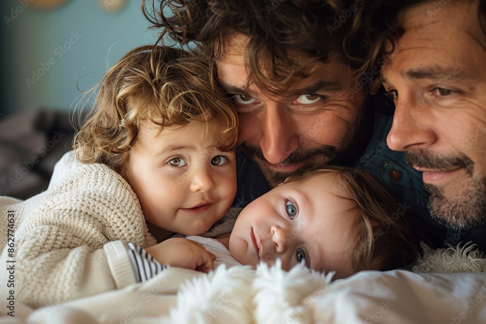 A joyful family with two children, cuddling and smiling on a cozy bed, creating a heartwarming scene of familial love and bonding in a warm and inviting space. A joyful family with two children, cuddling and smiling on a cozy bed, creating a heartwarming scene of familial love and bonding in a warm and inviting space.