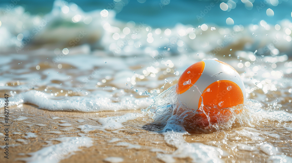 Obraz premium A cheerful background with a beach ball, perfect for summer bathing and playing in the water. Its vivid colors and lightness symbolize the joy of children playing on the beach.