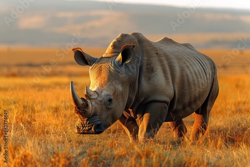 A Northern white rhinoceros grazing in a grassy savannah, its massive, grey body and prominent horn highlighted against the golden landscape. photo