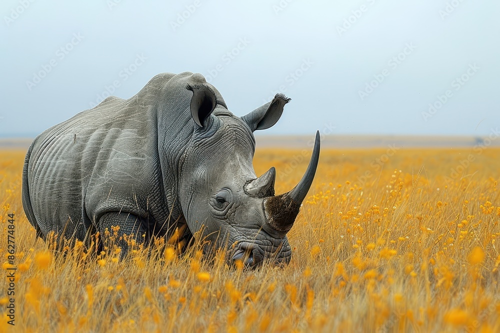 Obraz premium A Northern white rhinoceros grazing in a grassy savannah, its massive, grey body and prominent horn highlighted against the golden landscape.