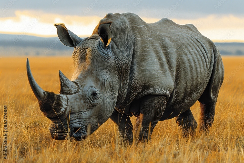 Fototapeta premium A Northern white rhinoceros grazing in a grassy savannah, its massive, grey body and prominent horn highlighted against the golden landscape.