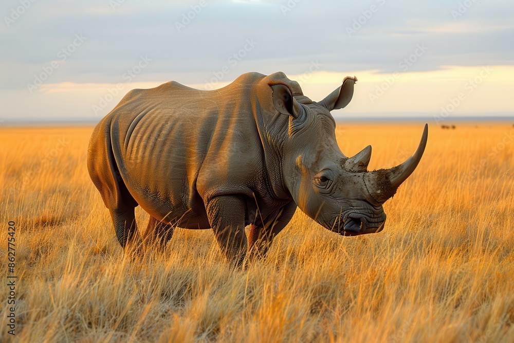 Obraz premium A Northern white rhinoceros grazing in a grassy savannah, its massive, grey body and prominent horn highlighted against the golden landscape.