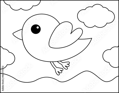 Coloring page. Little bird is flying in the sky. Black and white nestling. Vector