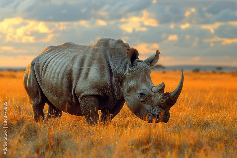 Obraz premium A Northern white rhinoceros grazing in a grassy savannah, its massive, grey body and prominent horn highlighted against the golden landscape.