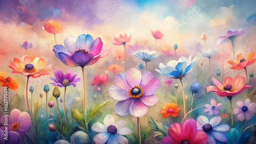 Bright anemone field watercolor background