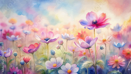 Bright anemone field watercolor background