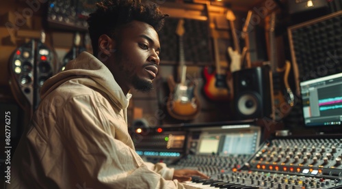Young Man Working on Music Production in Home Studio at Night