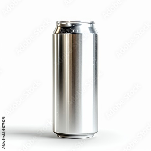 A silver can is sitting on a white background