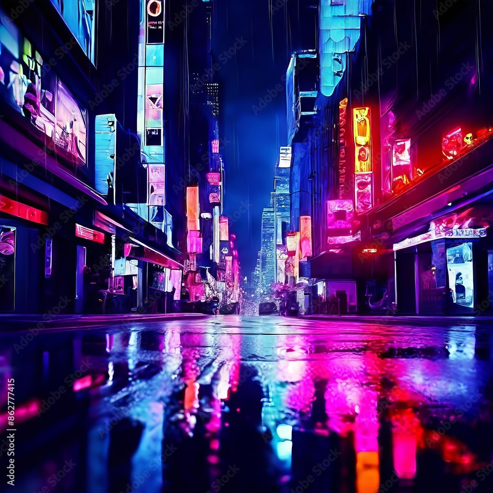 reflection of a cityscape with neon lights in a rain soaked str reflection of a cityscape with neon lights in a rain soaked str