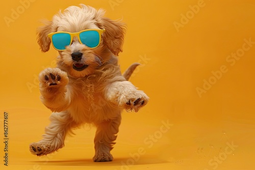 Playful puppy with colorful sunglasses, running on a yellow background, with detailed fur and a joyful expression photo