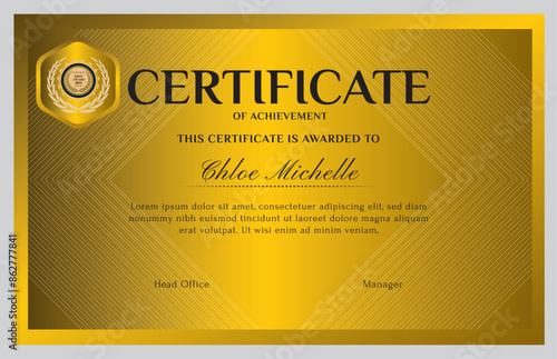 Elegant black and gold blue diploma certificate template with luxury badge and modern line pattern. For award, business, and education needs. Use for print, certificate, diploma, graduation