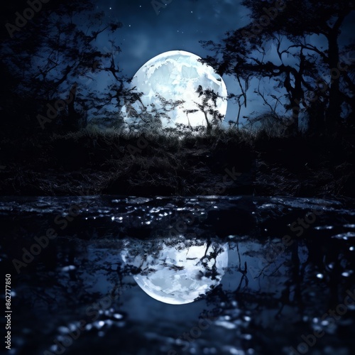  reflection of a full moon in a pond creating a mystical and enc photo