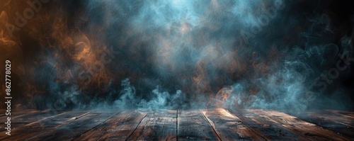 Moody Rustic Wooden Floor with Ethereal Blue and Orange Smoke Background. photo