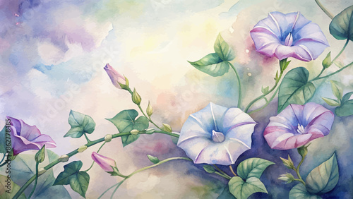 Beautiful watercolor background of morning glories flowers