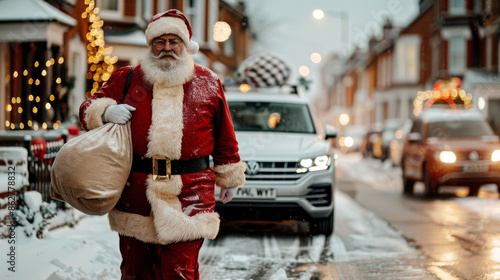 Santa Claus Carrying Sack of Gifts on Snowy Street
