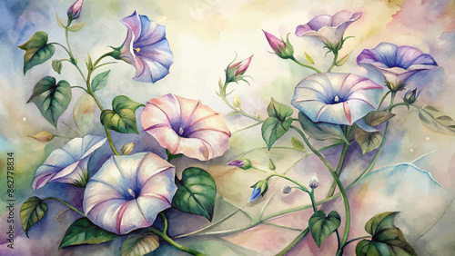 Beautiful watercolor background of morning glories flowers
