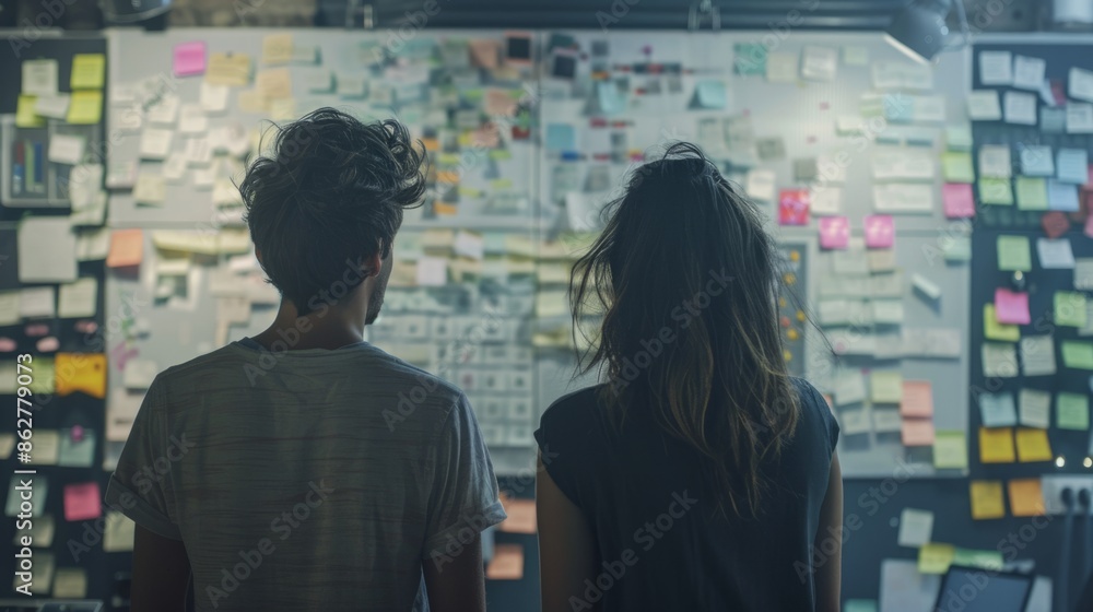 Two business people are analyzing a wall covered with sticky notes, planning their next project Two business people are analyzing a wall covered with sticky notes, planning their next project