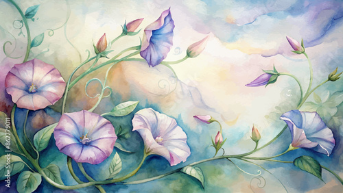Beautiful watercolor background of morning glories flowers
