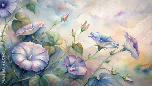 Beautiful watercolor background of morning glories flowers