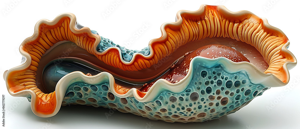 Explore intricacies of 3D bladder Visualize urothelium shades of red trigone area contrasting greens muscularis propria bright orange Position detailed bladder model against pristine white background Explore intricacies of 3D bladder Visualize urothelium shades of red trigone area contrasting greens muscularis propria bright orange Position detailed bladder model against pristine white background