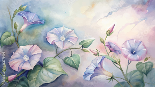 Beautiful watercolor background of morning glories flowers