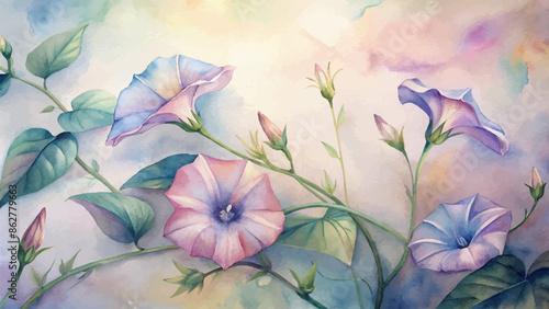 Beautiful watercolor background of morning glories flowers