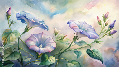 Beautiful watercolor background of morning glories flowers