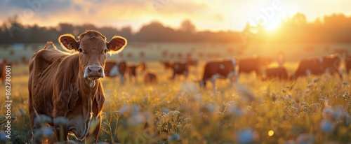 Brown Cow Standing in Field at Sunset With Other Cows in Background