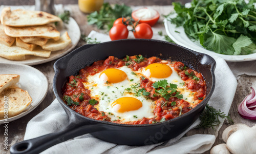 Shakshuka with egg, tomato and parsley in a pan on a table