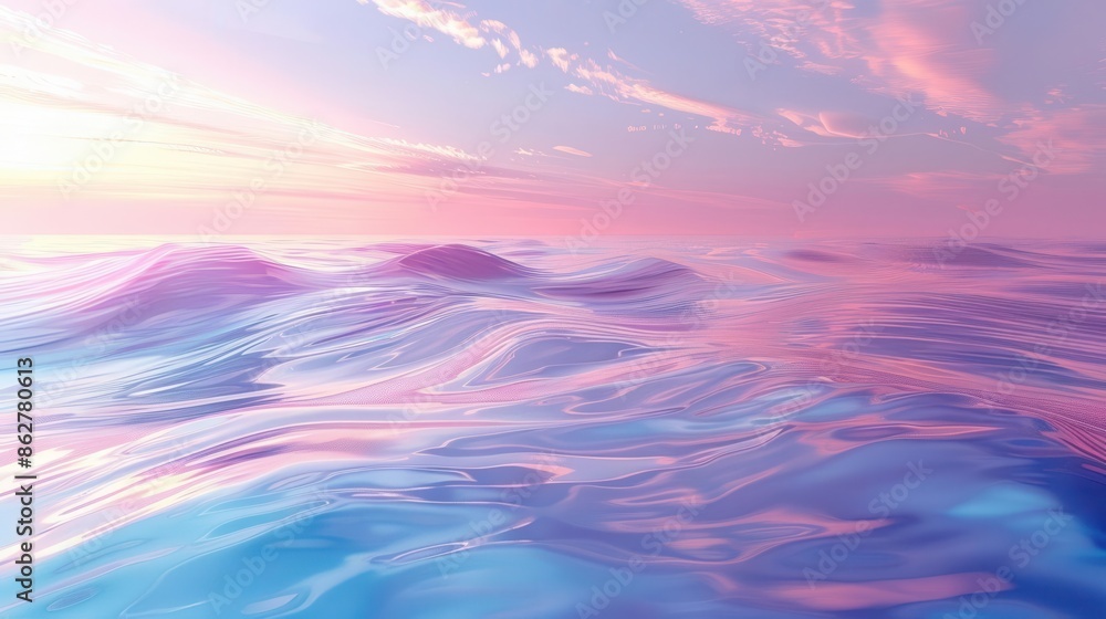 Holographic waves gently ripple across a calm sea, symbolizing tranquility and advanced technology harmony with nature Holographic waves gently ripple across a calm sea, symbolizing tranquility and advanced technology harmony with nature
