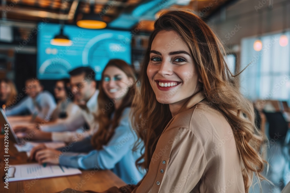 Fototapeta premium Diverse business individuals gather for a team meeting in a contemporary office space, highlighting happiness and unity as they embody the spirit of teamwork and cooperation.