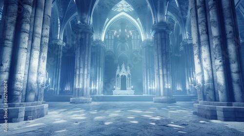 A grand, ornately designed throne room bathed in cool blue light, featuring intricate carvings, tall pillars, and an elaborate throne, evoking a mystical and regal ambiance.
