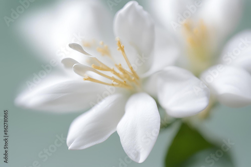 Close-Up of a Delicate White Flower Jasmine, Close-up of a delicate Jasmine with soft petals and yellow stamens on a light green background