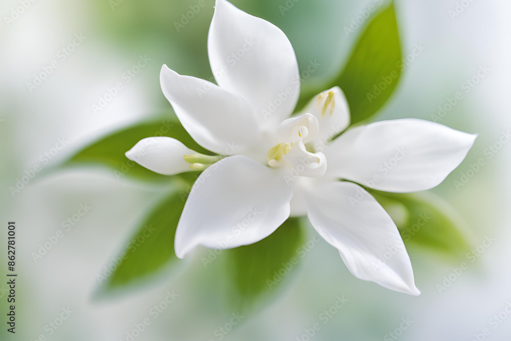 Fototapeta premium Close-Up of a Delicate White Flower Jasmine, Close-up of a delicate Jasmine with soft petals and yellow stamens on a light green background