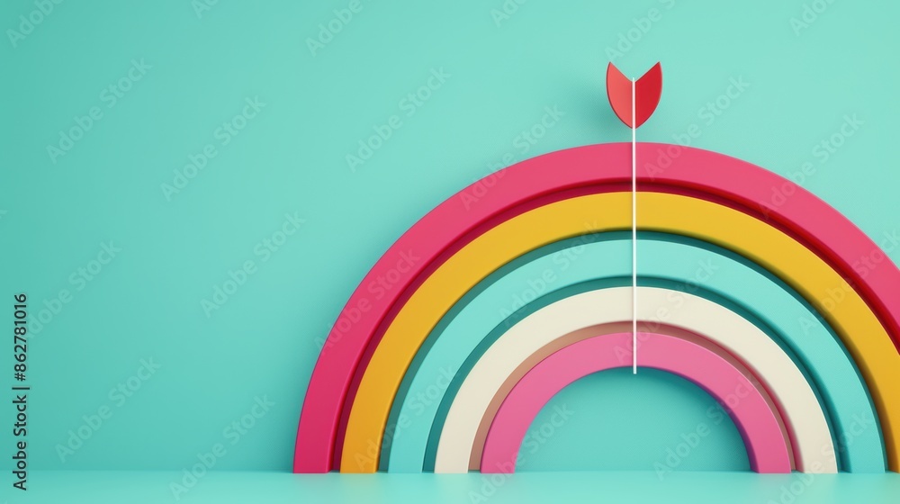 Fototapeta premium An abstract representation of a rainbow intersecting with a target symbol, creating a visually striking and symbolic image. The minimalist design offers plenty of copy space for adding text or