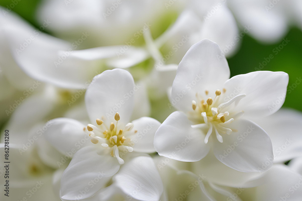 Close-Up of a Delicate White Flower Jasmine, Close-up of a delicate Jasmine with soft petals and yellow stamens on a light green background Close-Up of a Delicate White Flower Jasmine, Close-up of a delicate Jasmine with soft petals and yellow stamens on a light green background