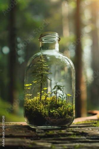 A clear, empty bottle with a tiny forest growing inside.