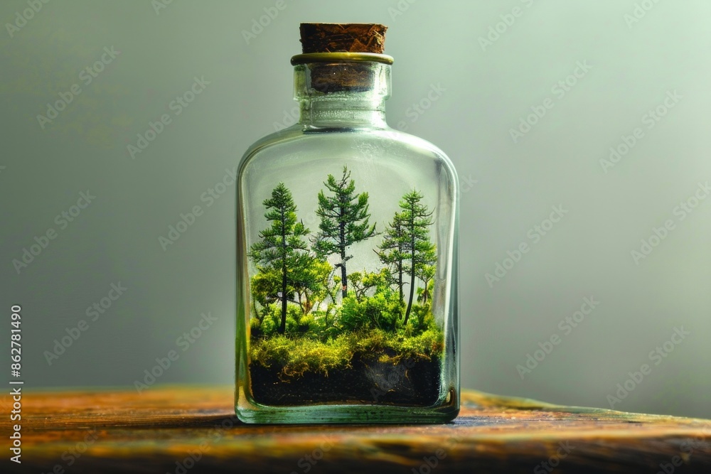 A clear, empty bottle with a tiny forest growing inside. A clear, empty bottle with a tiny forest growing inside.