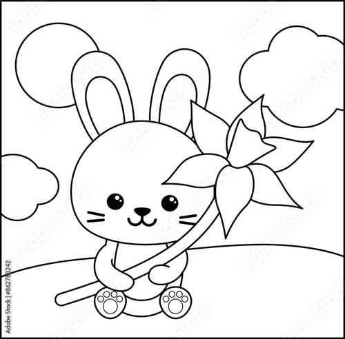Coloring page. Little rabbit with narcissus. Black and white bunny. Vector