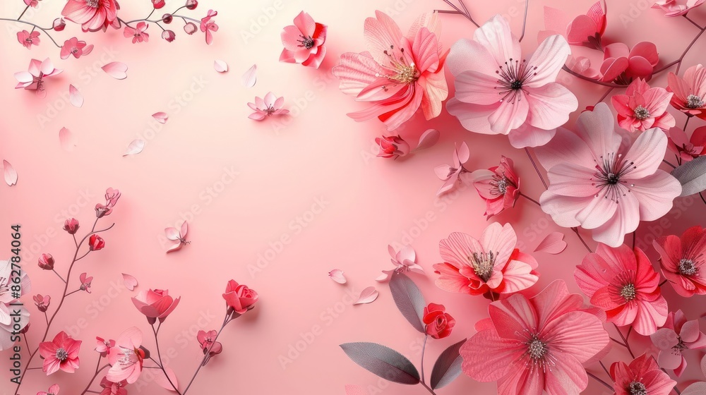 Fototapeta premium Elegant Cherry Blossom Floral Embrace Wallpaper in Vibrant Pink and Red