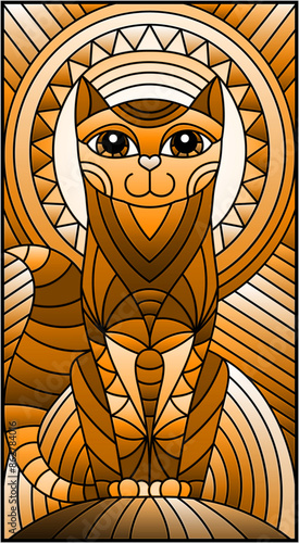 Illustration in stained glass style with abstract geometric cat and the sun on an abstract background, tone brown